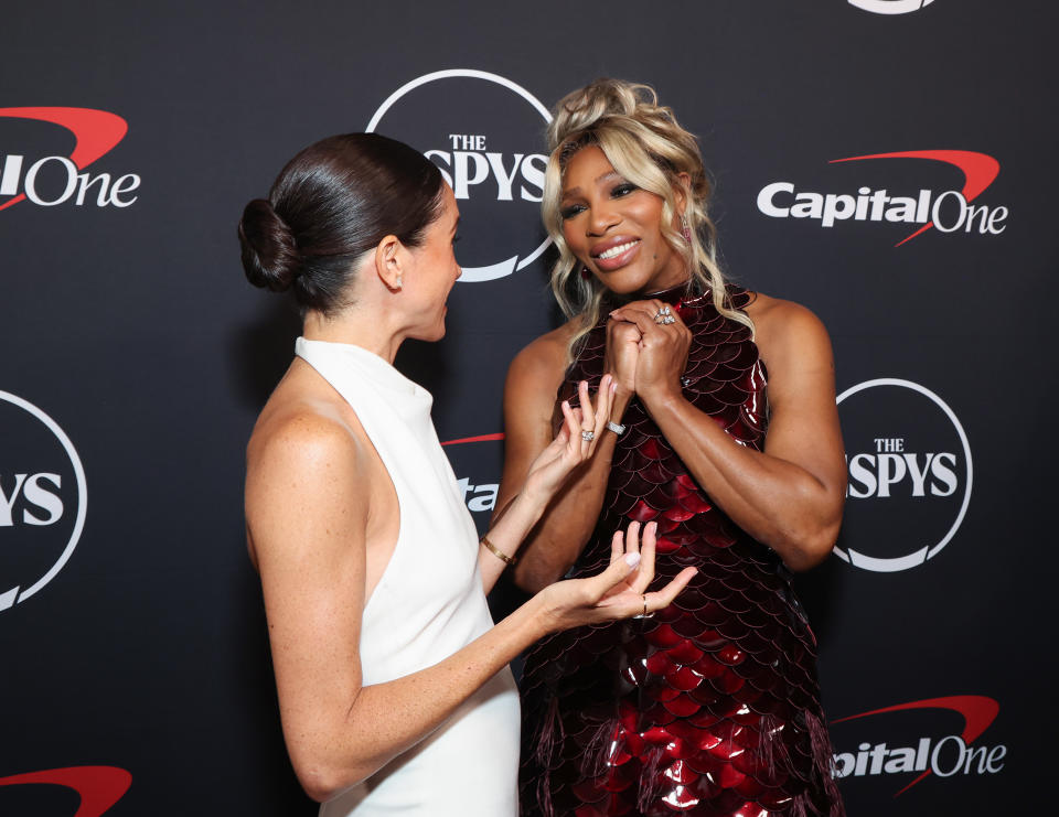 HOLLYWOOD, CALIFORNIA - JULY 11: (Exclusive Coverage) (L-R) Meghan , Duchess of Sussex and Serena Williams attend the 2024 ESPY Awards at Dolby Theatre on July 11, 2024 in Hollywood, California. (Photo by Kevin Mazur/Getty Images for W+P)