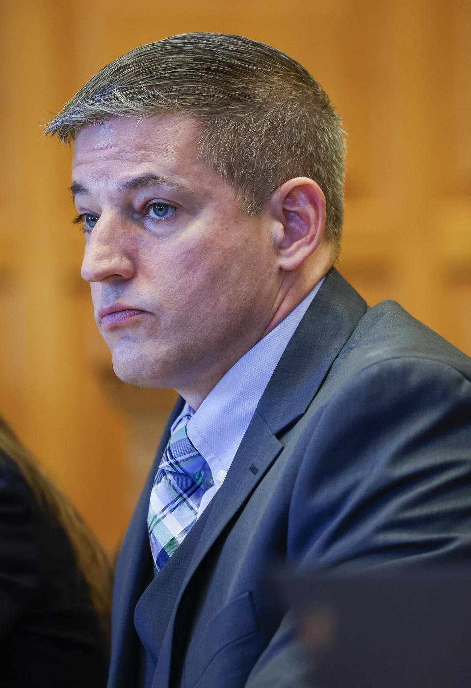 Defense co-counsel Allen Cook questions Dr. Mark Cunningham, a clinical forensic psychologist during the sentence hearing of Jeremy Goodale at the Jefferson County Courthouse in Fairfield, Iowa, on Wednesday, Nov. 15, 2023. Goodale, along with Willard Miller, pleaded guilty to murdering Spanish teacher Nohema Graber and concealing her body under a tarp and wheelbarrow in a wooded area of a park. (Jim Slosiarek/The Gazette/Pool Photo via AP)