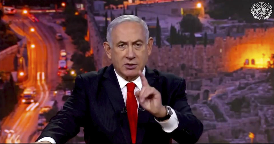 In this image from UNTV video, Prime Minister Benjamin Netanyahu, of Israel, speaks in a pre-recorded message which was played during the 75th session of the United Nations General Assembly, Tuesday, Sept. 29, 2020, at U.N. headquarters. (UNTV via AP)