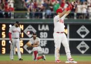 Aug 15, 2018; Philadelphia, PA, USA; Philadelphia Phillies catcher Wilson Ramos (40) reacts after hitting a two RBI double during the seventh inning against the Boston Red Sox at Citizens Bank Park. Mandatory Credit: Bill Streicher-USA TODAY Sports