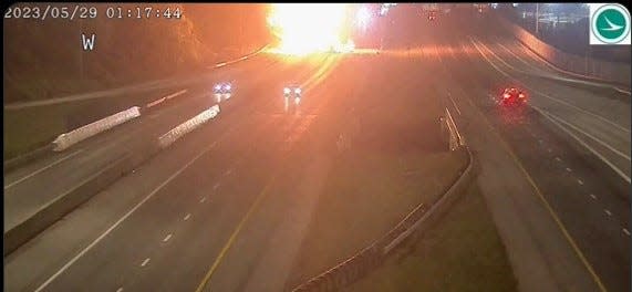 Video from a Ohio Department of Transportation camera shows a fiery crash involving a tractor-trailer on Columbus' west side Monday morning. No serious injuries were reported.