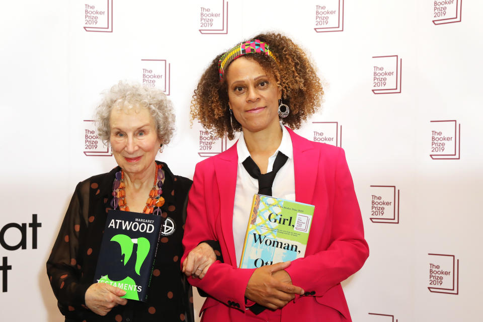 LONDON, ENGLAND - OCTOBER 14:   Joint winners Margaret Atwood and Bernardine Evaristo attend The 2019 Booker Prize Winner Announcement at The Guildhall on October 14, 2019 in London, England.  (Photo by David M. Benett/Dave Benett/Getty Images)