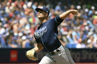 Tampa Bay Rays starting pitcher Shane McClanahan throws to a Toronto Blue Jays batter during the first inning of a baseball game, Saturday, July 2, 2022 in Toronto. (Jon Blacker/The Canadian Press via AP)