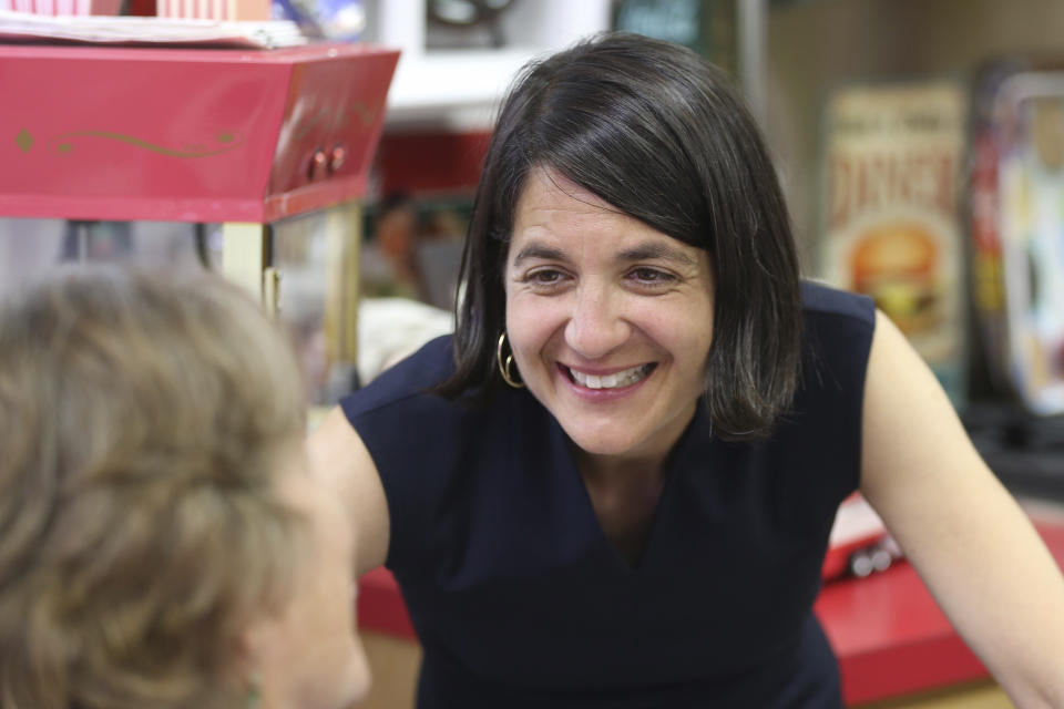 FILE - Vermont state Sen. Becca Balint, who is seeking the Democratic Party nomination to run for Vermont's vacant U.S. House seat, speaks to voters in Colchester, Vt., on July 24, 2022. The Vermont primary is Aug. 9. The incumbent, Rep. Peter Welch, is running for the U.S. Senate. (AP Photo/Wilson Ring, File)