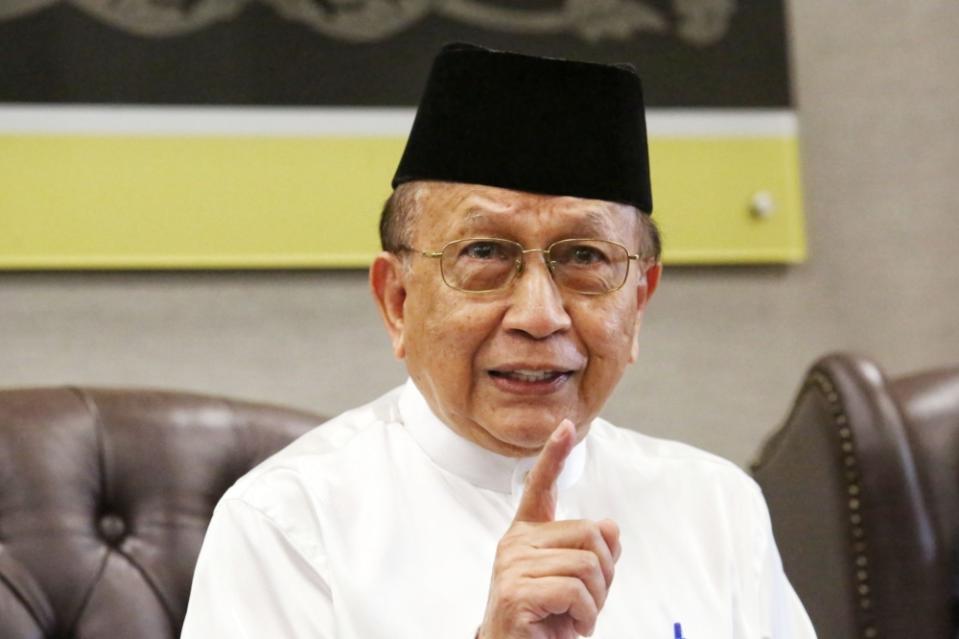 Dewan Negara president Tan Sri Dr Rais Yatim speaks in Parliament in this January 14, 2022 file photograph. — Picture by Choo Choy May