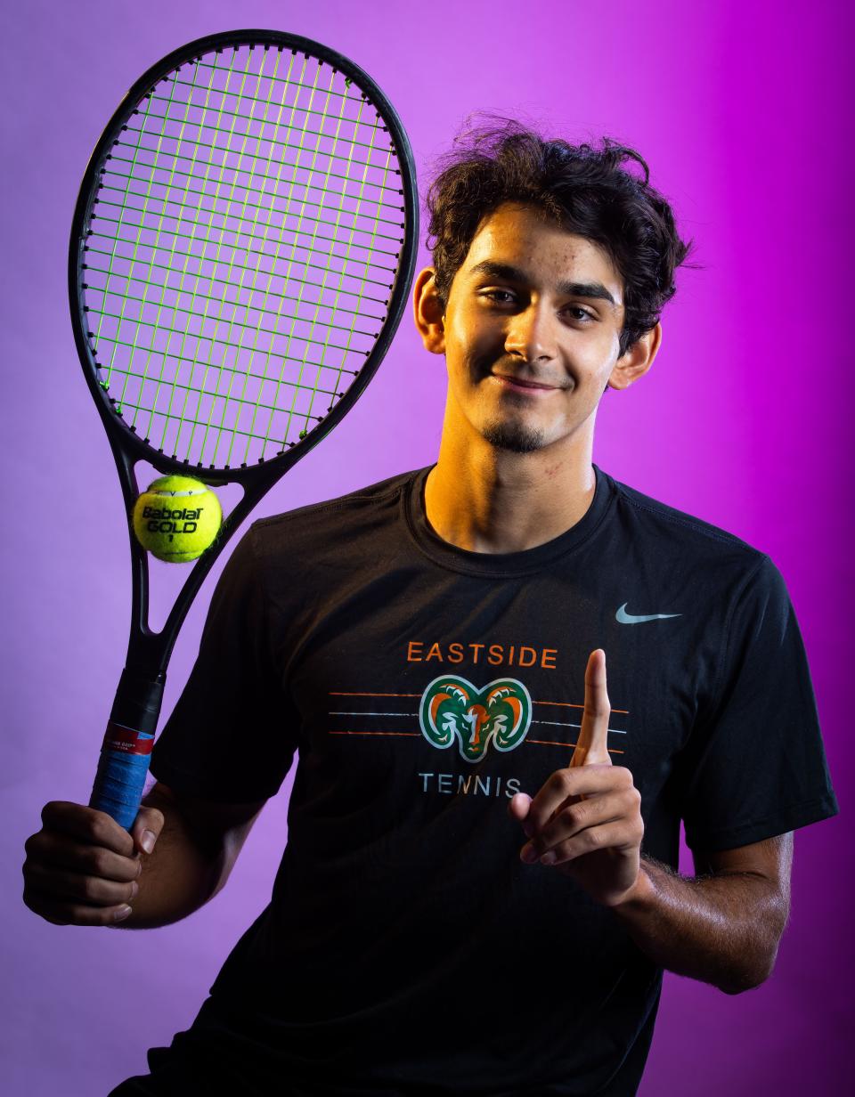 Eastside tennis player Viktor Mai, a senior, was photographed for Spring sports all-area portraits at the Gainesville Sun in Gainesville, FL. Thursday morning, June 22, 2023. [Doug Engle/Ocala Star Banner]2023 