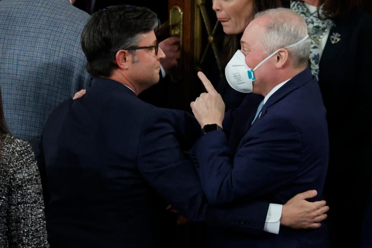 House Majority Leader Steve Scalise, R-La., left, speaks Rep. Mike Johnson, R-La. after Johnson was elected the new speaker of the House in Washington on Oct. 25, 2023. Speaker Kevin McCarthy was voted out of the job on Tuesday, Oct. 3, 2023 in a move led by a group of hardline House conservatives.