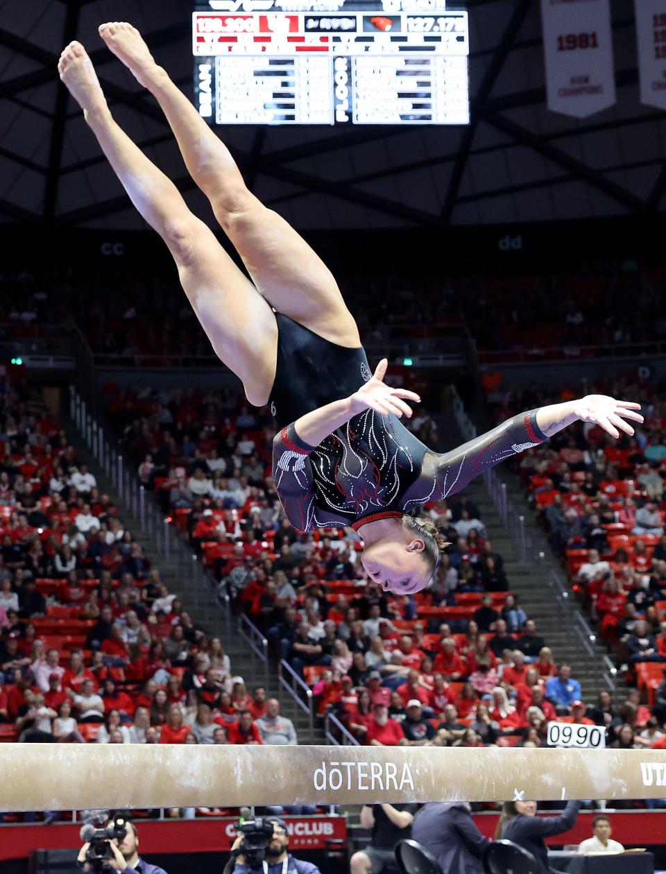 Utah’s Maile O’Keefe does a 10.0 beam routine as the Utah Red Rocks compete against Oregon State in a gymnastics meet at the Huntsman Center in Salt Lake City on Friday, Feb. 2, 2024. Utah won. | Kristin Murphy, Deseret News