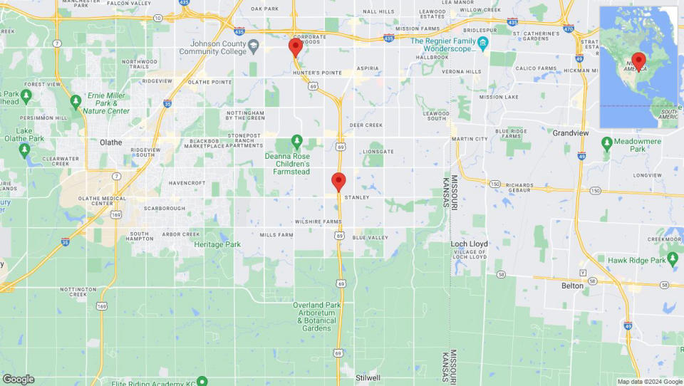 A detailed map that shows the affected road due to 'Lane on US-69 closed in Overland Park' on July 18th at 8:25 p.m.