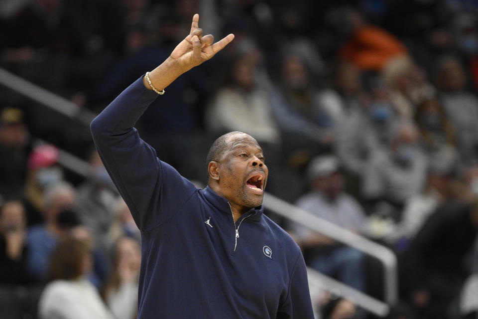 Georgetown head coach Patrick Ewing gestures during the second half of an NCAA college basketball game against Villanova, Saturday, Jan. 22, 2022, in Washington. Villanova won 85-74. (AP Photo/Nick Wass)