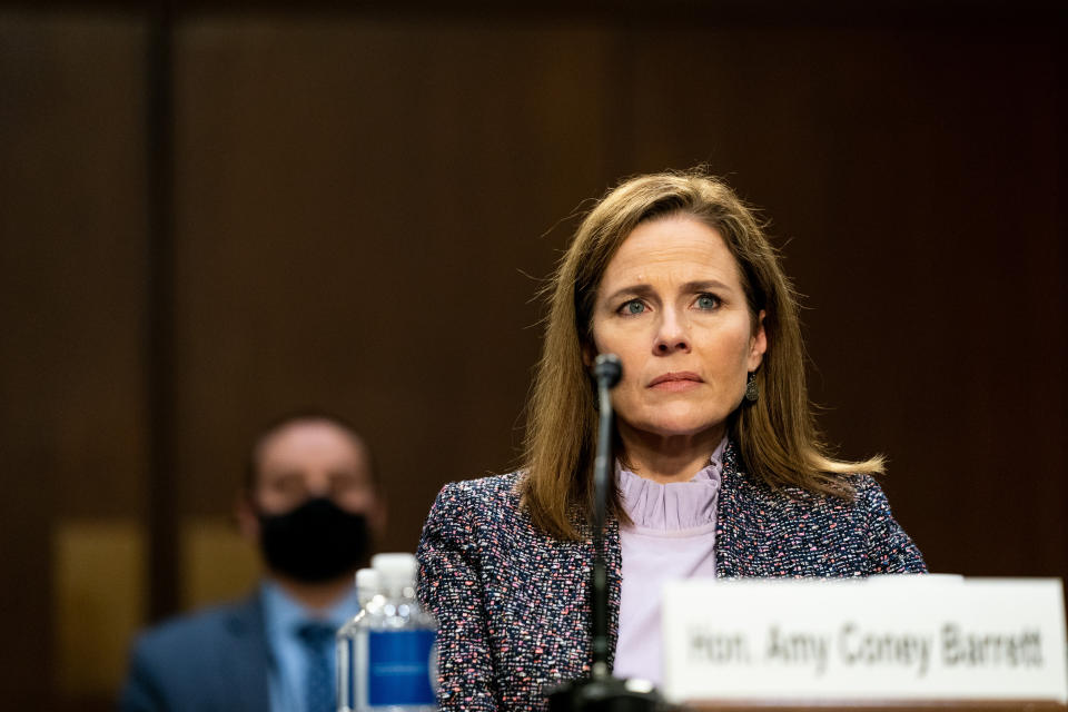 Supreme Court nominee Judge Amy Coney Barrett testifies before the Senate Judiciary Committee on the third day of her Supreme Court confirmation hearing on Capitol Hill on October 14, 2020 in Washington, DC. (Anna Moneymaker-Pool/Getty Images)