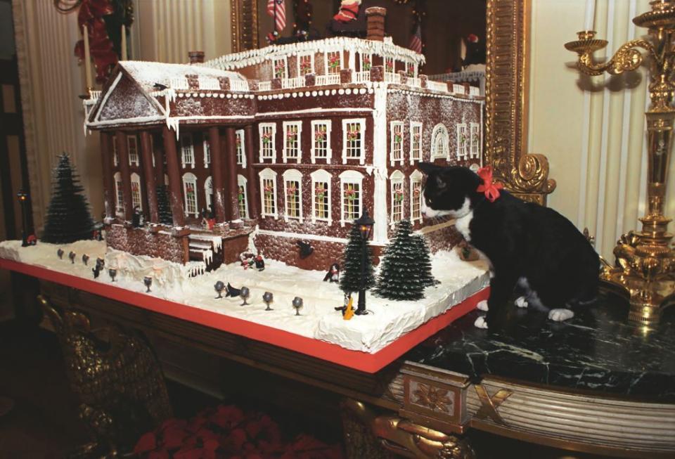 <p>The Clintons' cat, Socks, inspected the gingerbread model of the White House. He wore a red ribbon to complement the holiday decor. </p>