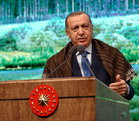 Turkish President Tayyip Erdogan makes a speech during a meeting in Ankara Turkey March 21, 2018. Kayhan Ozer/Presidential Palace/Handout via REUTERS