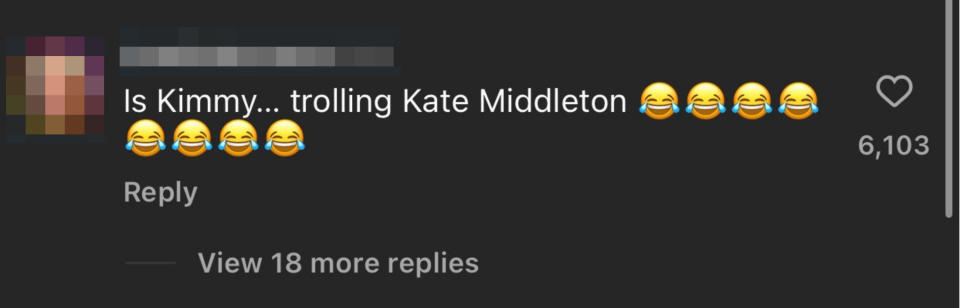 Social media comment questioning if Kim Kardashian is teasing Kate Middleton, shown with laughing emojis