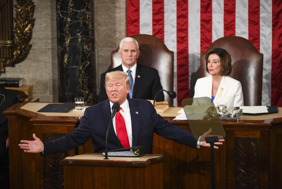 Trump delivers his State of the Union address in front of Vice President Mike Pence and House Speaker Nancy Pelosi (D-Calif.) to members of Congress. (Photo: The Washington Post via Getty Images)