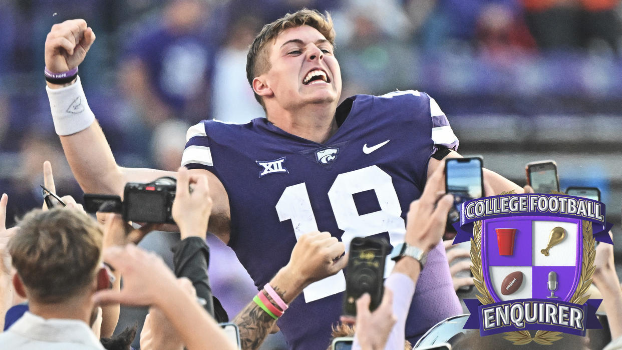 Kansas State quarterback Will Howard celebrates their victory over Oklahoma State
Photo by Peter Aiken/Getty Images)