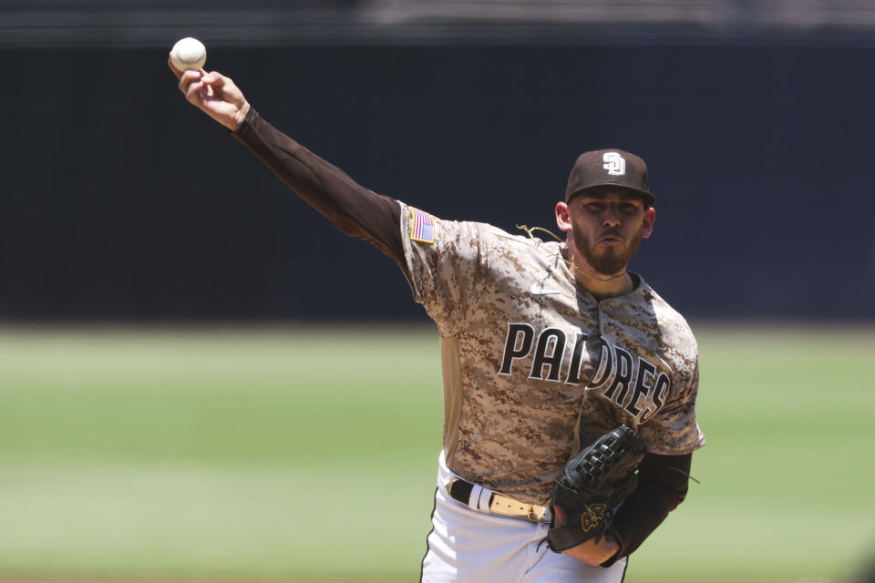 San Diego Padres starting pitcher Joe Musgrove works against the New York Mets in the first inning of a baseball game Sunday, July 9, 2023, in San Diego. (AP Photo/Derrick Tuskan)