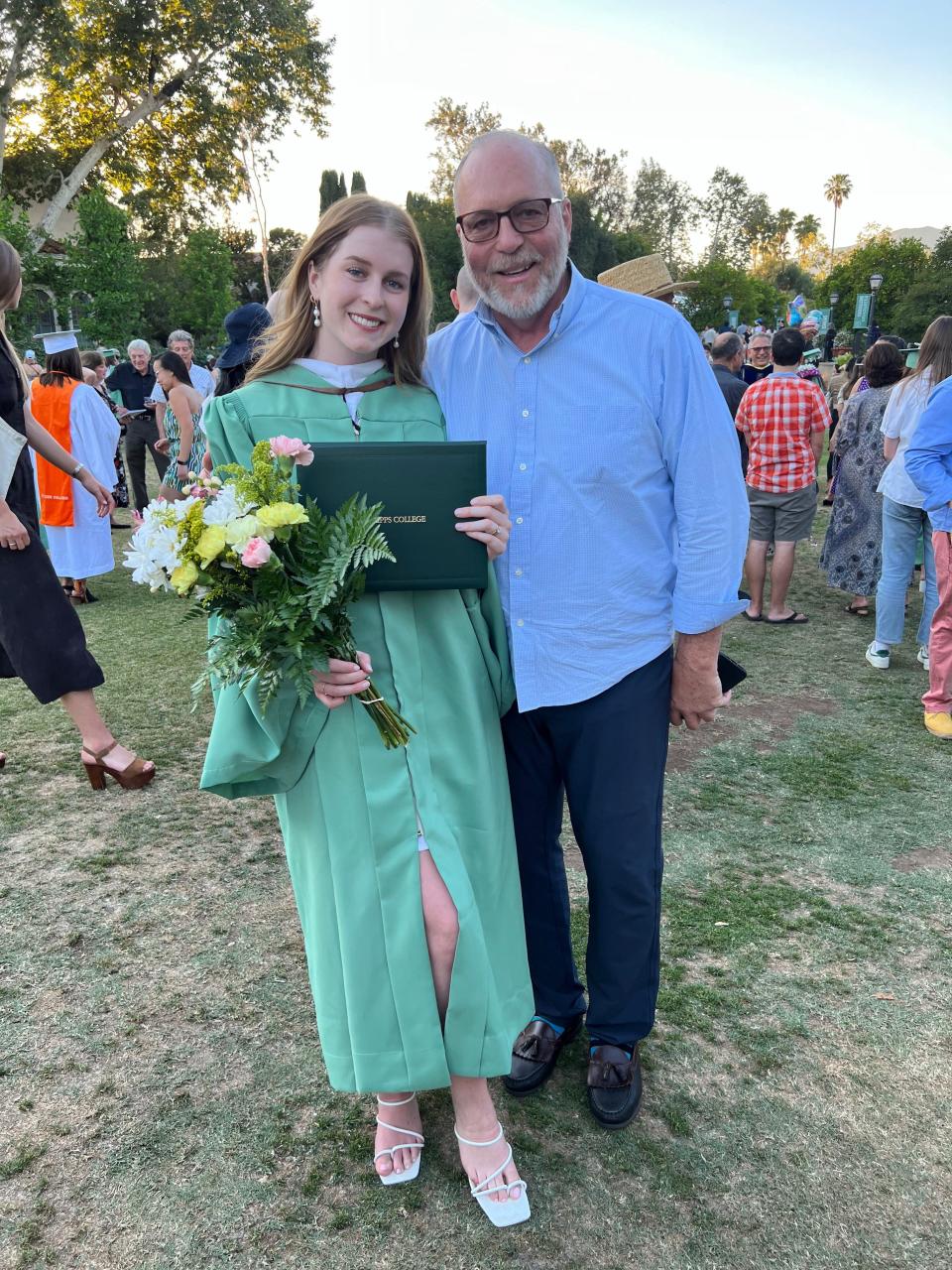 Emma Thompson and her dad, Scott Thompson, at her graduation from Scripps College in Claremont, California, in 2022. Scott Thompson describes himself as a laid-back dad who is proud he only missed one field trip when Emma and her brother Zach were in grade school. 