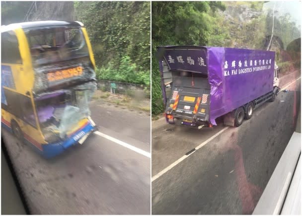 肇事的城巴及貨車，往元朗方向受阻。（互聯網）