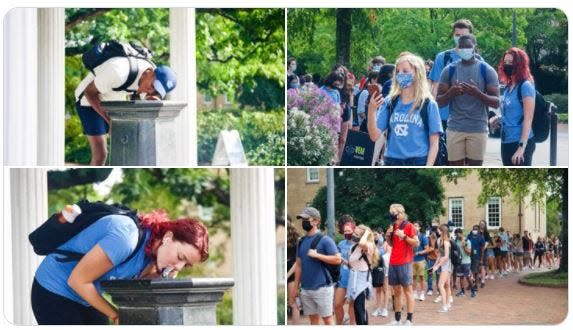A tweet posted by the University of North Carolina at Chapel Hill showed freshmen students drinking from the Old Well. Many criticized this tradition, calling it dangerous during a pandemic.
