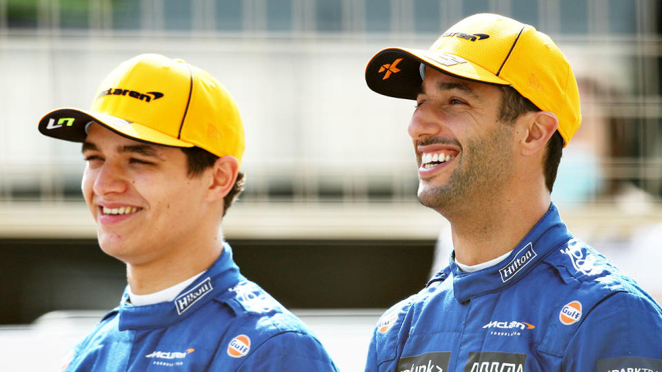 Seen here, McLaren F1 teammates Lando Norris and Daniel Ricciardo share a laugh.