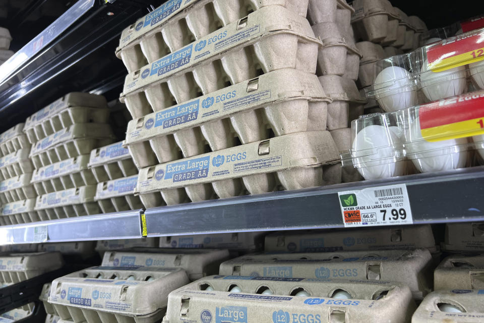 FILE - Eggs are displayed on store shelves at a local grocery store in Chandler, Ariz., Jan. 21, 2023. Amid soaring egg prices, social media users are claiming that common chicken feed products are preventing their own hens from laying eggs. (AP Photo/Ross D. Franklin, File)