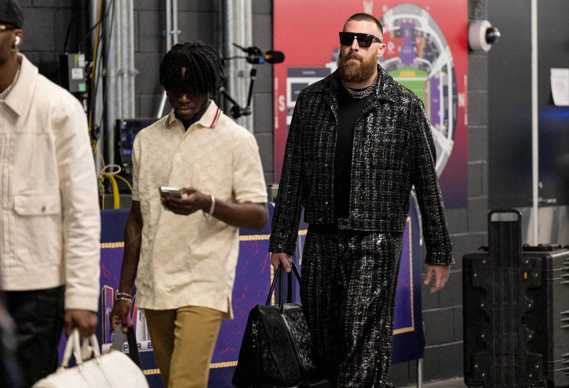 Kansas City Chiefs tight end Travis Kelce made quite a shining fashion statement as he arrived at Allegiant Stadium for Super Bowl LVIII on Sunday in Las Vegas.