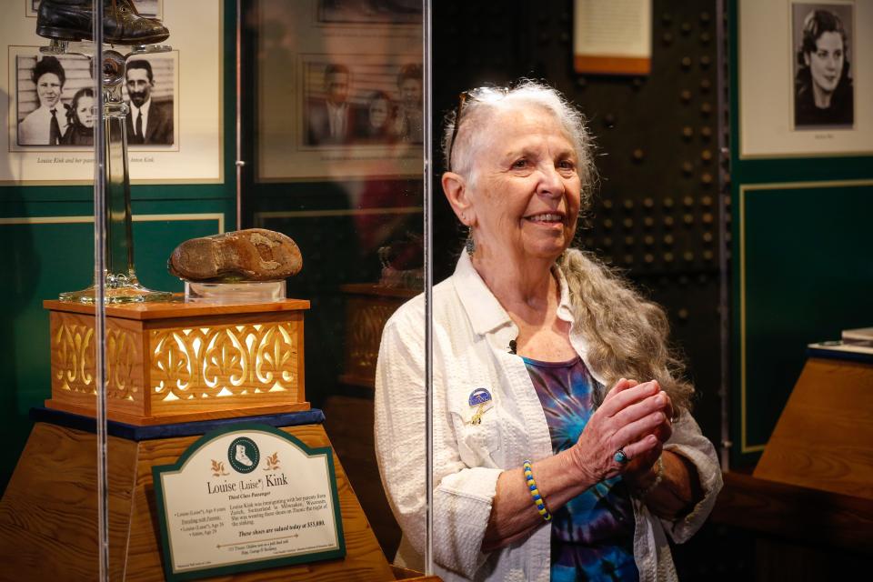 Joan Randall shares stories of her mother, Louise "Luise" Kink, at the TITANIC Museum Attraction in Branson on Tuesday, June 6, 2023. Kink was one of 135 children aboard the Titanic when it sank on the evening of April 15, 1912. The shoes Kink wore on the ship the night it sunk are temporarily on display at the museum attraction through the end of 2023. Randall is one of only a handful of direct descendants of Titanic survivors.