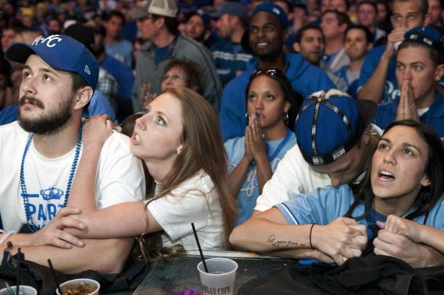 Kansas City Royals fans react during baseball's World Series Game 7 watch  party at The Kansas City Power & Light District