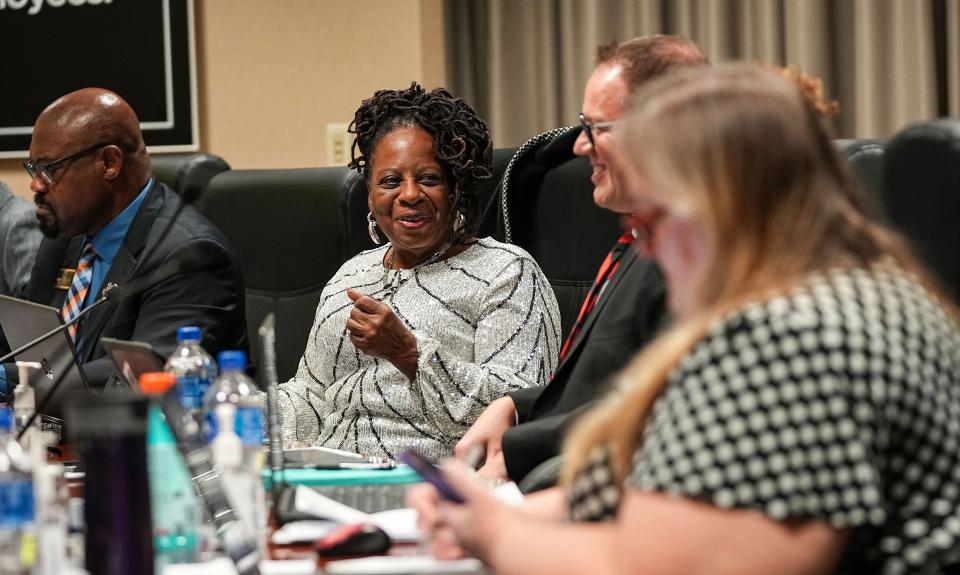 Gloria Williams, school board member talks with colleagues Wednesday, Jan. 11, 2023 at Warren Township Education and Community Center on Post Road in Indianapolis. 