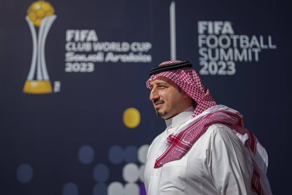 Saudi Arabian Football Federation President Yasser Al Misehal poses for a photo after an interview with The Associated Press, in Jeddah, Saudi Arabia, Thursday, Dec 21, 2023. (AP Photo/Manu Fernandez)