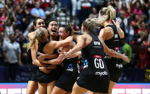 New Zealand players celebrate their victory against Australia in the final during the Netball World Cup match at the M&S Bank Arena, Liverpool. PRESS ASSOCIATION Photo. Picture date: Sunday July 21, 2019 - Credit: PA