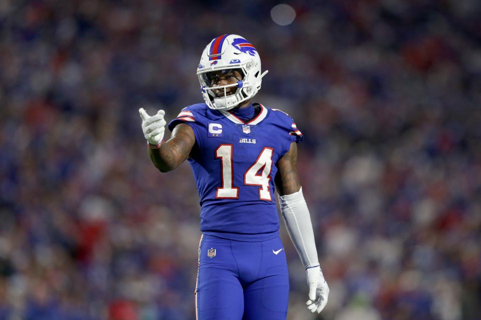 ORCHARD PARK, NEW YORK - SEPTEMBER 19: Stefon Diggs #14 of the Buffalo Bills points against the Tennessee Titans during the first half of the game at Highmark Stadium on September 19, 2022 in Orchard Park, New York. (Photo by Joshua Bessex/Getty Images)