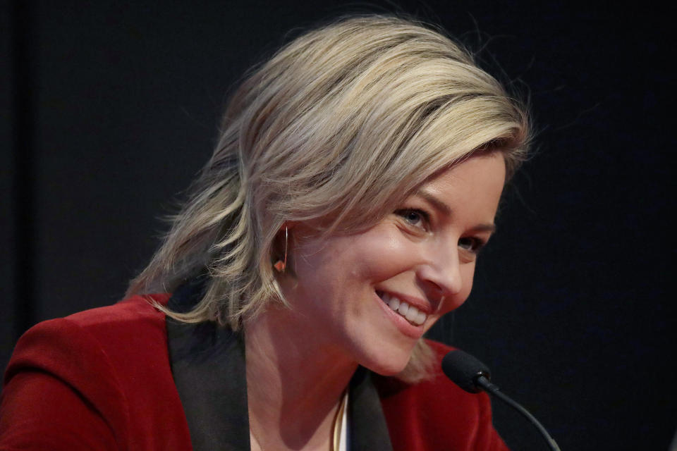 Actor and director Elizabeth Banks speaks at a news conference after being honored as the 2020 Woman of the Year by Harvard University's Hasty Pudding Theatricals, Friday, Jan. 31, 2020, in Cambridge, Mass. (AP Photo/Elise Amendola)