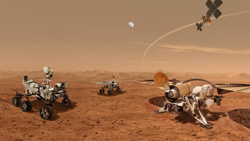 A mockup of rovers on Mars