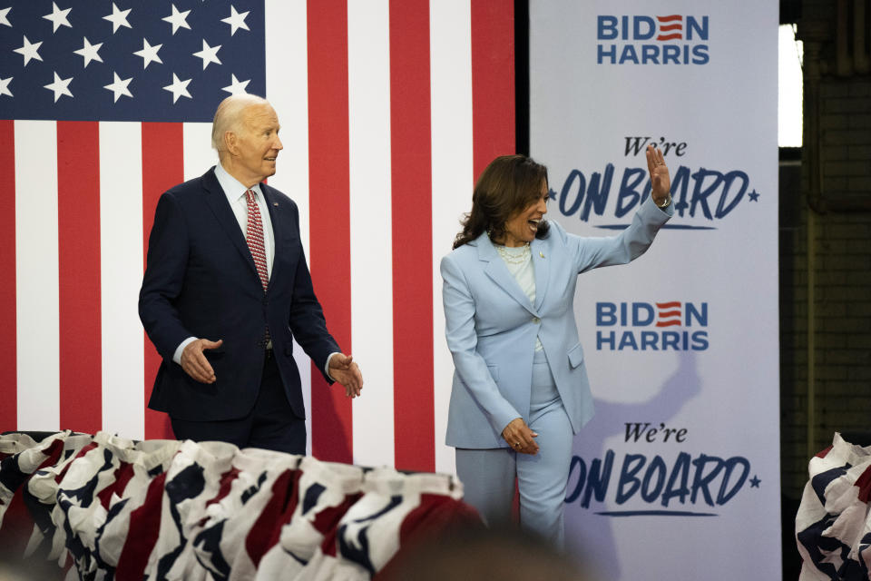 President Joe Biden and Vice President Kamala Harris wave at a campaign event at Girard College, Wednesday, May 29, 2024, in Philadelphia. (AP Photo/Joe Lamberti)