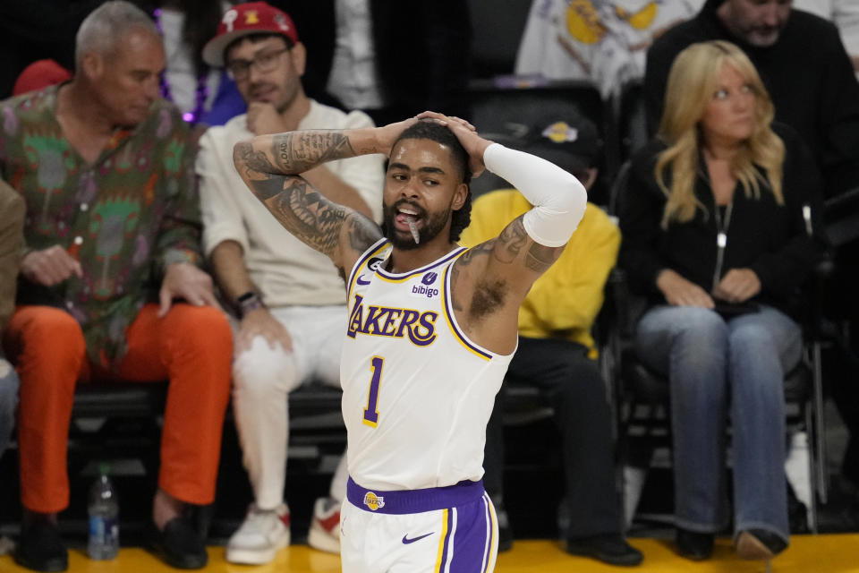 Los Angeles Lakers guard D'Angelo Russell reacts in the first half of Game 3 of the NBA basketball Western Conference Final series against the Denver Nuggets Saturday, May 20, 2023, in Los Angeles. (AP Photo/Ashley Landis)