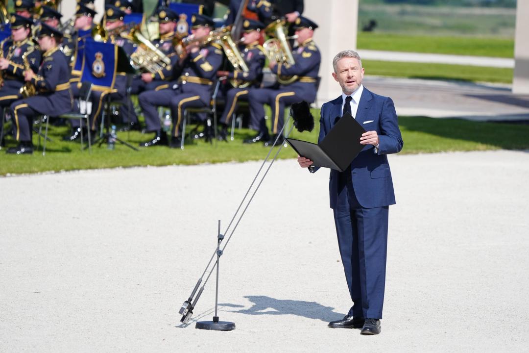 Actor Martin Freeman speaking during the UK national commemorative event for the 80th anniversary of D-Day, held at the British Normandy Memorial in Ver-sur-Mer, Normandy, France. Picture date: Thursday June 6, 2024.