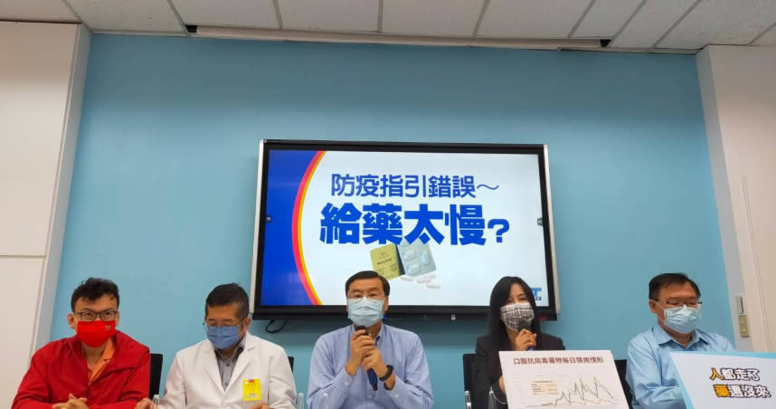 國民黨立院黨團今天表示，台灣中重症染疫死亡率居高不下，可能仍與「給藥不夠快有關」，建議指揮中心將開藥權立即下放基層醫師，減少染疫死亡率。（圖/國民黨立院黨團提供）