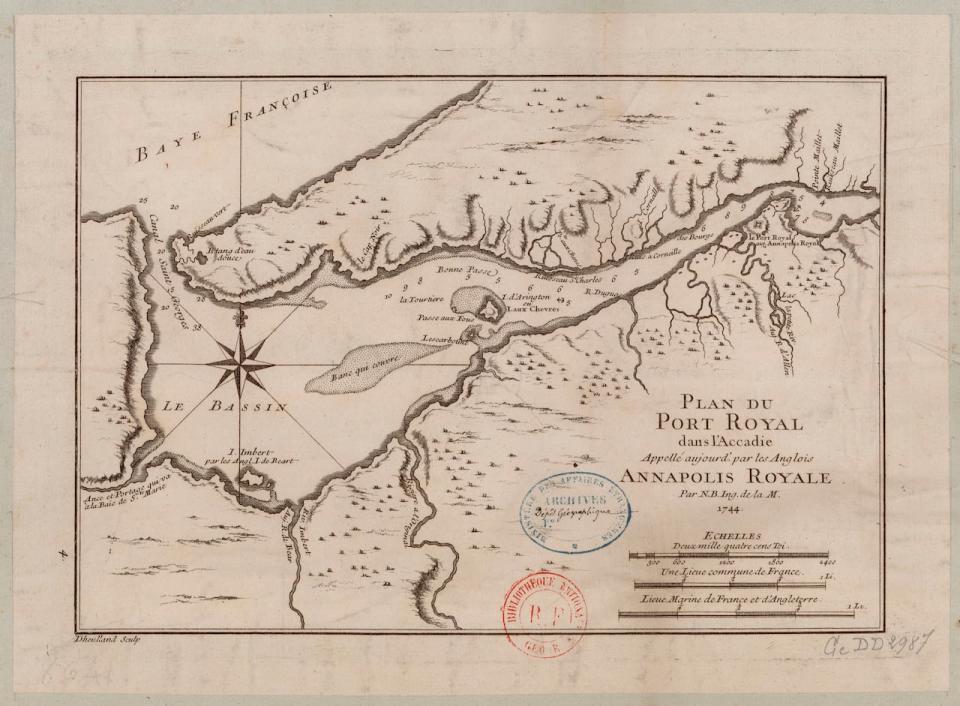 A map showing Annapolis Royal in 1744, shortly after the Baltimore was brought there from Chebogue harbour.