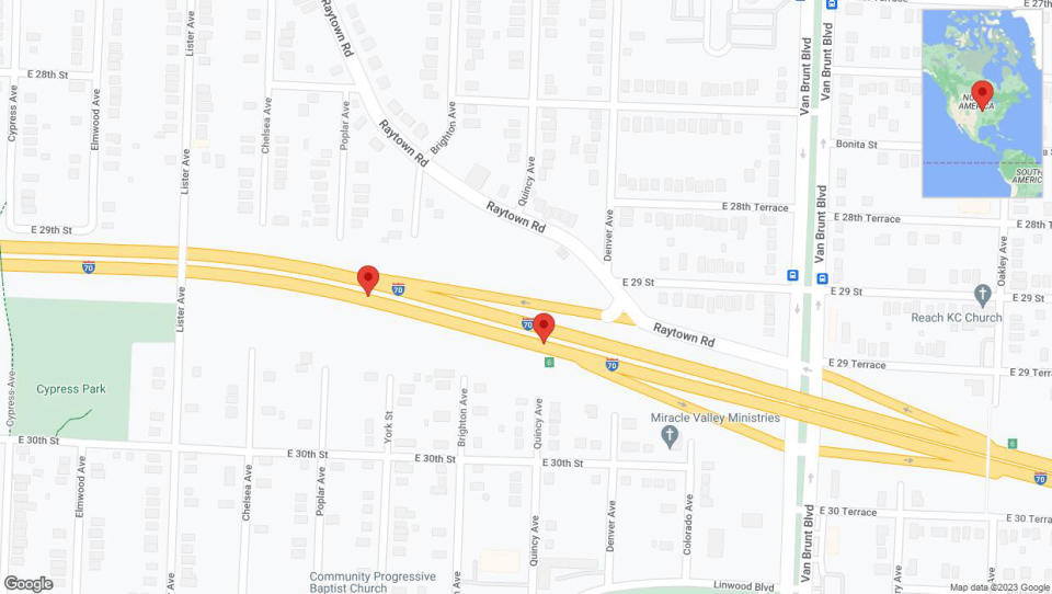 A detailed map that shows the affected road due to 'Broken down vehicle on eastbound I-70 in Kansas City' on December 29th at 5:05 p.m.