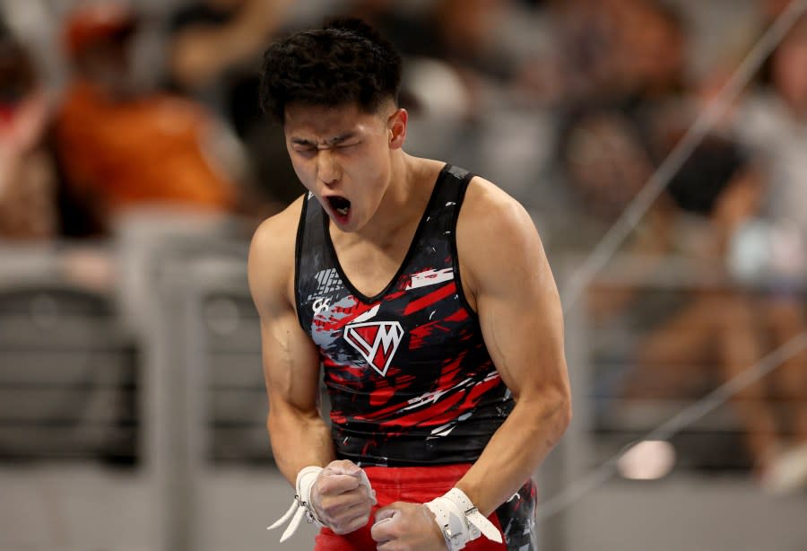 FORT WORTH, TEXAS – JUNE 01: Yul Moldauer celebrates after competing on the High Bar during the 2024 Xfinity U.S. Gymnastics Championships at Dickies Arena on June 01, 2024 in Fort Worth, Texas. (Photo by Elsa/Getty Images)