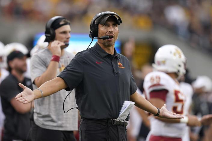 Iowa State head coach Matt Campbell reacts to a call during the first half of an NCAA college football game against Iowa, Saturday, Sept. 10, 2022, in Iowa City, Iowa. (AP Photo/Charlie Neibergall)