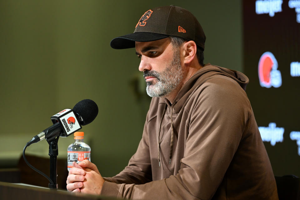 BEREA, OHIO - NOVEMBER 15: Head coach Kevin Stefanski of the Cleveland Browns speaks during a press conference announcing quarterback Deshaun Watson is out for the rest of the season due to injury at CrossCountry Mortgage Campus on November 15, 2023 in Berea, Ohio. (Photo by Nick Cammett/Getty Images)