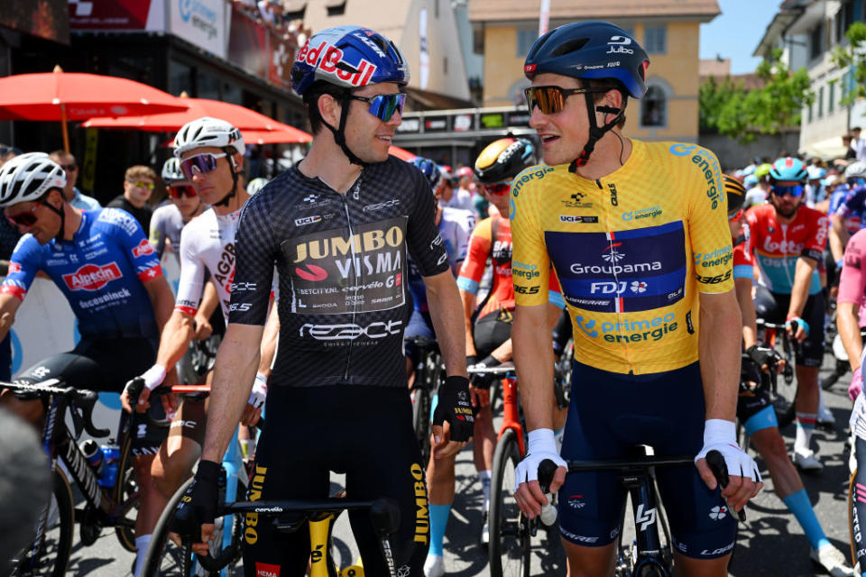 BEROMNSTER SWITZERLAND  JUNE 12 LR Wout Van Aert of Belgium and Team JumboVisma  Black points jersey and Stefan Kng of Switzerland and Team GroupamaFDJ  Yellow leader jersey prior to the 86th Tour de Suisse 2023 Stage 2 a 1737km stage from Beromnster to Nottwil  UCIWT  on June 12 2023 in Beromnster Switzerland Photo by Dario BelingheriGetty Images