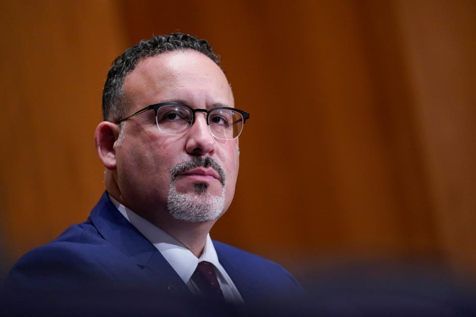 Education Secretary nominee Miguel Cardona testifies before the Senate Health, Education, Labor and Pensions committee during his confirmation hearing on Capitol Hill in Washington, DC. U.S., February 3, 2021. Susan Walsh/Pool via REUTERS