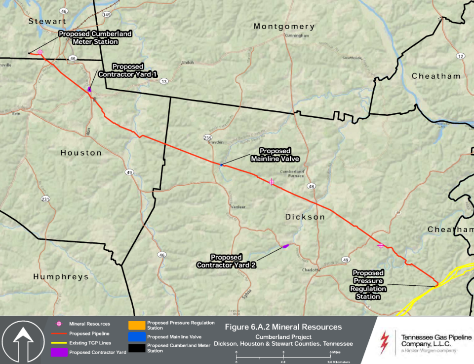 A map by the Tennessee Gas Pipeline Co. submitted to the Federal Energy Regulatory Commission shows the proposed pipeline running through Dickson County and the northeast corner of Houston County before reaching a power plant in Stewart County.