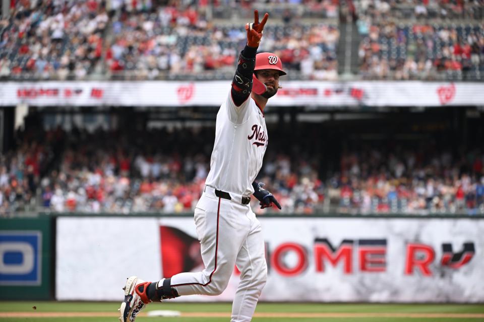 Washington Nationals' Jesse Winker (6) celebrates as he rounds the bases after hitting a home run against the New York Mets on Thursday in Washington, D.C.