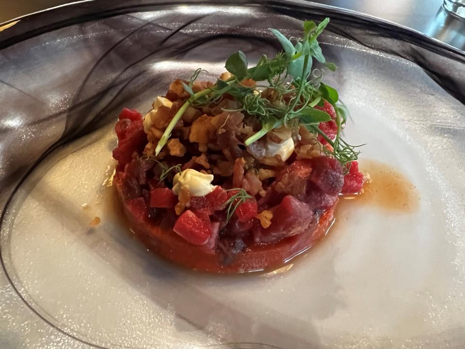 The steak tartare comes with an arrabiata sauce for a kick at Table 128 in Des Moines.