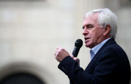 The Labour Party's shadow Chancellor of the Exchequer, John McDonnell, delivers a speech outside the Royal Exchange, opposite the Bank of England in the City in London, Britain September 15, 2018. REUTERS/Hannah McKay